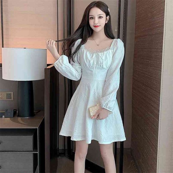 

spring autumn women's dress hong kong style retro pure color square collar short slim thin long sleeve es ll656 210506, Black;gray