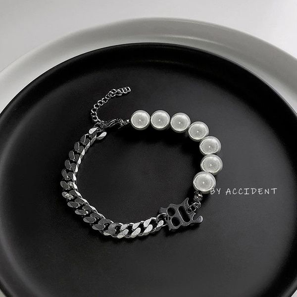 

link, chain desiner reflective pearl beads women bracelets cuba stainless steel punk love charms bracelet gifts wholesale, Black