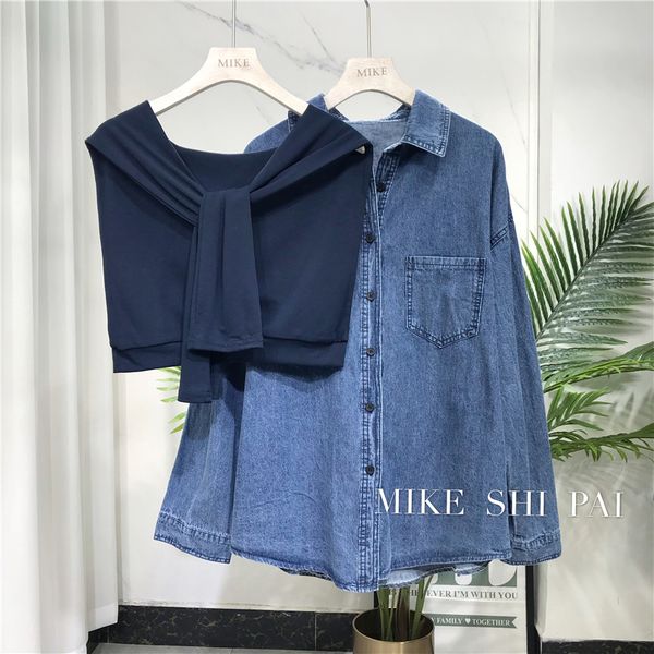 

2021 spring new style solid color loose long sleeves denim shirt womens detachable collar shawl two-piece sets top, White