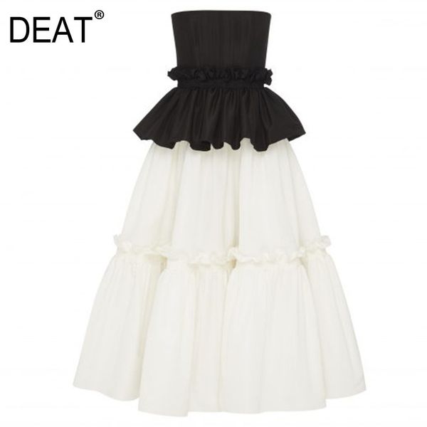 

[deat] women patchwork ruffles pleated temperament dress new strapless sleeveless loose fit fashion spring summer 13s116 210430, Black;gray