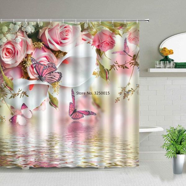 

shower curtains roses butterfly flower white printed floral leaf waterproof polyester bathroom curtain fabric for bathtub decor