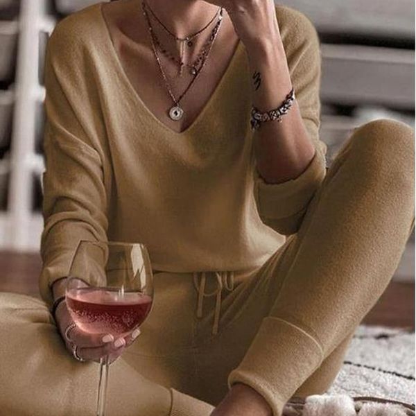 

2021womens solid v-neck pajamas set star print long sleeve + dstring long pants home clothes female spring casual pajamas, Black;red