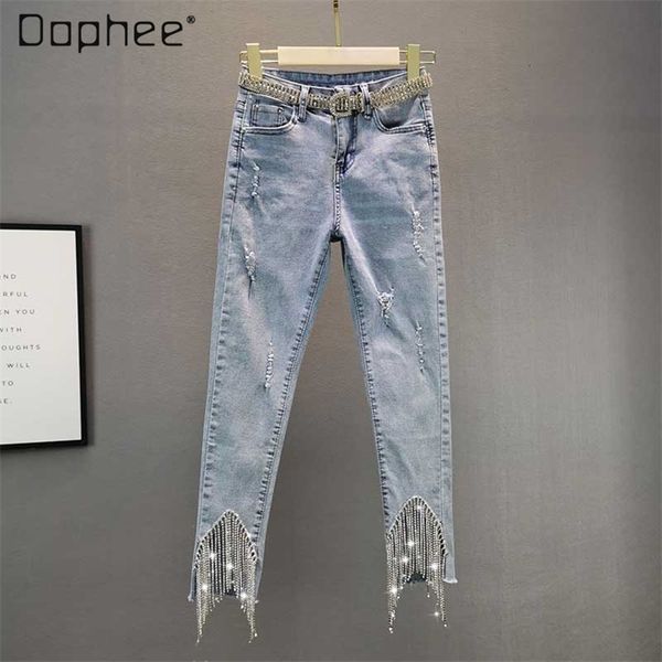 

spring women's cotton elastic high waist irregular tassel denim pants hole ripped ankle length jeans 210708, Blue