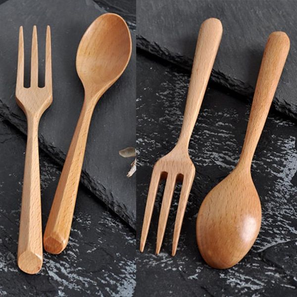 

forks portable wooden reusable fork spoon flatware tableware set natural solid color