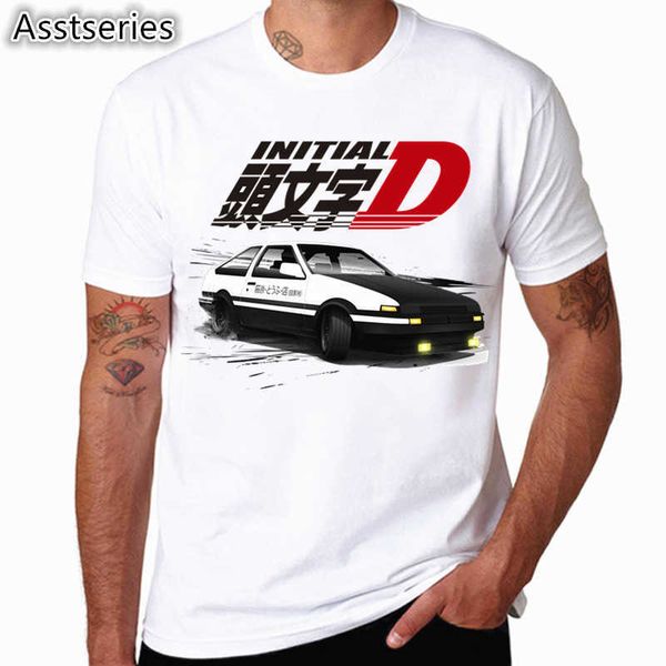 

men print drift japanese anime fashion t shirt short sleeves o neck summer cool casual ae86 initial d homme tshirt 210629, White;black
