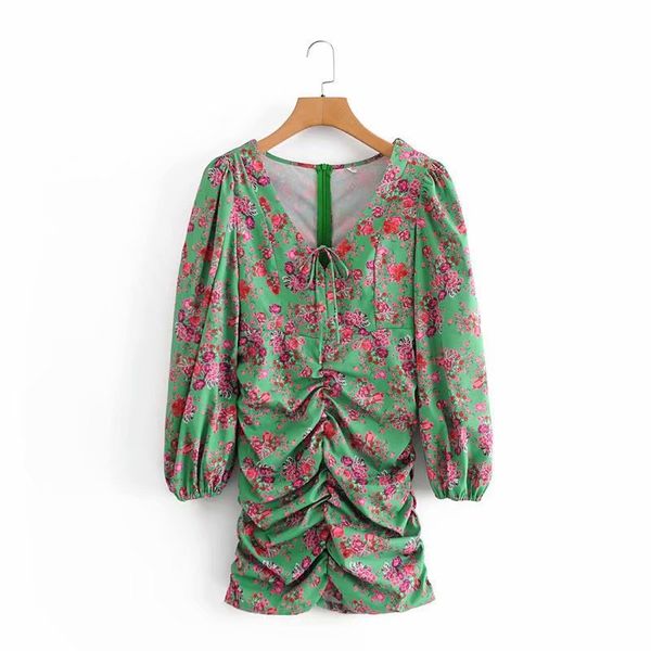 

casual dresses vintage woman green slim flower v neck mini 2021 spring fashion ladies pleated es female chic print short x81o, Black;gray