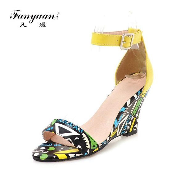 

fanyuan summer printing large size 34-43 fashion women shoes sandals elegant woman wedges high heels, Black