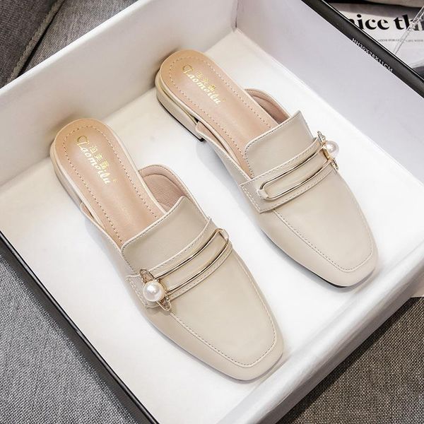 

slippers 2021 summer women mullers ladies flats half plus szie flop elegant shoes sandals gold chain, Black