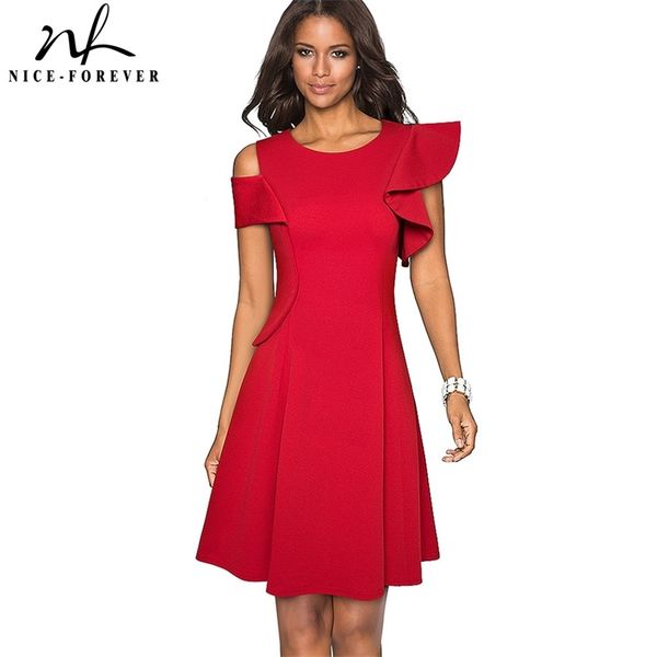 

nice-forever vintage solid color with chic ruffle sleeve dresses cocktail party women flared dress a226 210331, Black;gray
