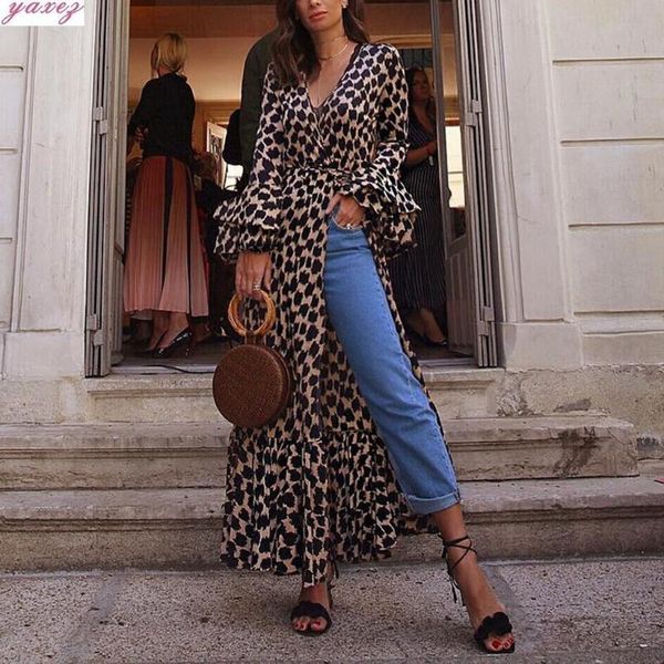 

casual dresses 2021 elegant leopard long party dress v-neck ruffled sleeve female robe streetwear high waist vent autumn boho dressses, Black;gray