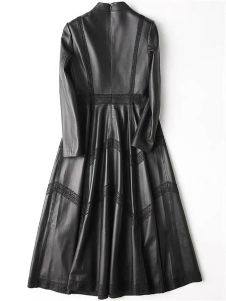 

women's leather & faux  autumn haining dress long lace swing fashion coat w, Black