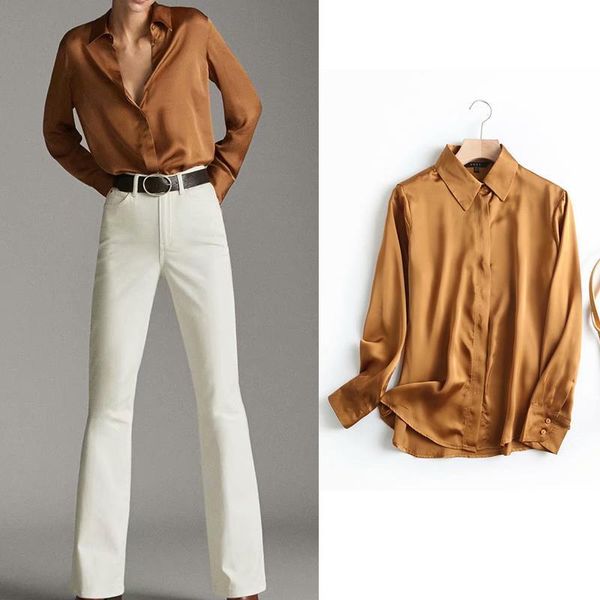

women shirt za silk casual office wear blouse solid satin elegant womens and blouses chic ropa mujer, White