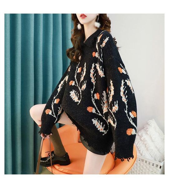 

sweaters women new arrivals floral embroidery retro pull sweaters turn down collar college style casual loose sweater jumpers, White;black
