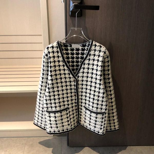 

women's jackets luxury design high-end thousand bird check mink fashion long sleeve cardigan temperament versatile v-neck knitted coat, Black;brown