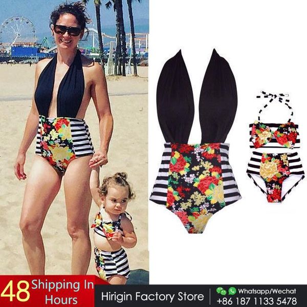 

one-piece suits clearance sale family matching swimwear summer folwer beach bathing suit mommy and me striped bikini swimsuit