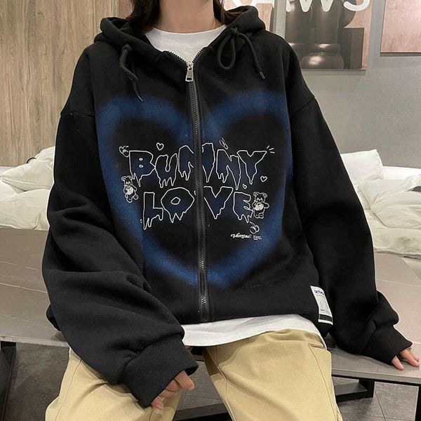 

heart-shaped letter printed zipper hoodies women's y2k hip-hop streetwear sweatshirt oversized casual loose hoodies 210930, Black