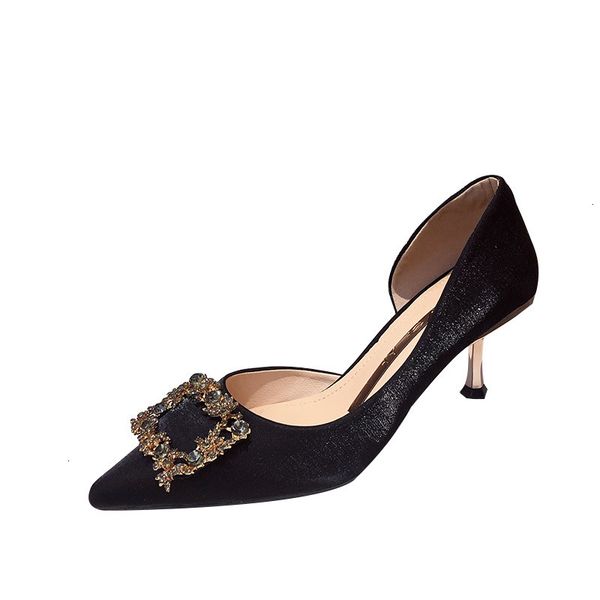 

dress shoes women wedding high heels pearl silk pointed toe party luxury pumps female medium heel winter arrival 9qps, Black