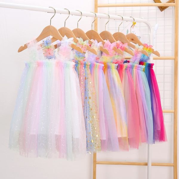 

girls fashion suspender rainbow tutu dress baby kids children princess colorful dresses net gauze clothing, Red;yellow