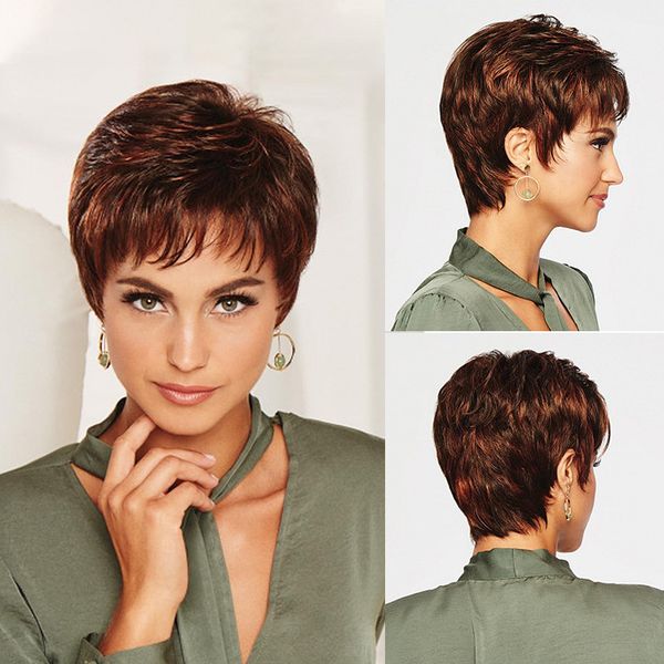 

women short straight dark brown wig with side part bangs nature looking for women daily party use, Black