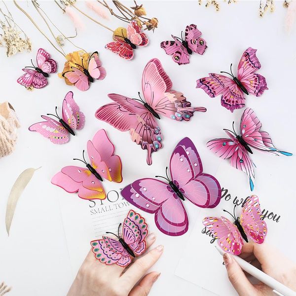 

wall stickers 12pcs 3d simulation diy butterfly double feather kids rooms art decoration fridge home pink