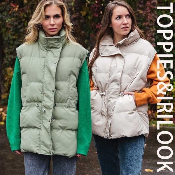 

ies autumn winter warm solid loose vest sleeveless jacket zipper drawstring for women casual coats 211220, Black;white