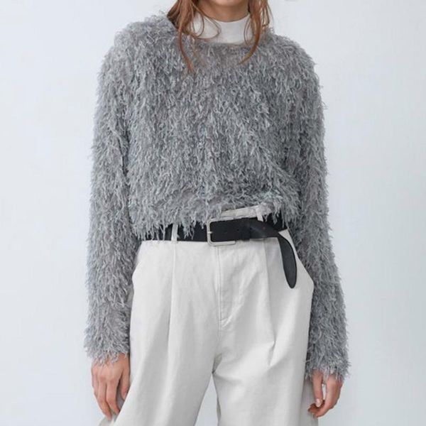 

women's hoodies & sweatshirts furry lo shi short paragraph long-sleeved round neck pullover solid women clothes winter rave festival cl, Black