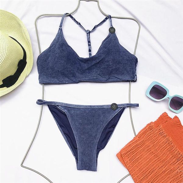

one-piece suits solid bandage bikini 2021 sext thong bikinis women two pieces swimsuit swimwear print female bathing suit biquini 353