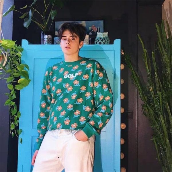 

nc6619ss golf wang letter full floral printed sleeves sweater fashion street casual o-neck pullover pink green men women couple hfhlwy058, Black