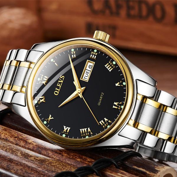 

wristwatches men quartz wristwatch with double calendar luminous hands stainless steel watchband fashion and women couple lovers clock, Slivery;brown
