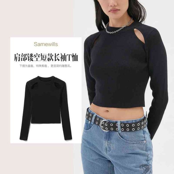 

women's t-shirt hollow out shoulder bottomed long sleeve t-shirt 8iim, White