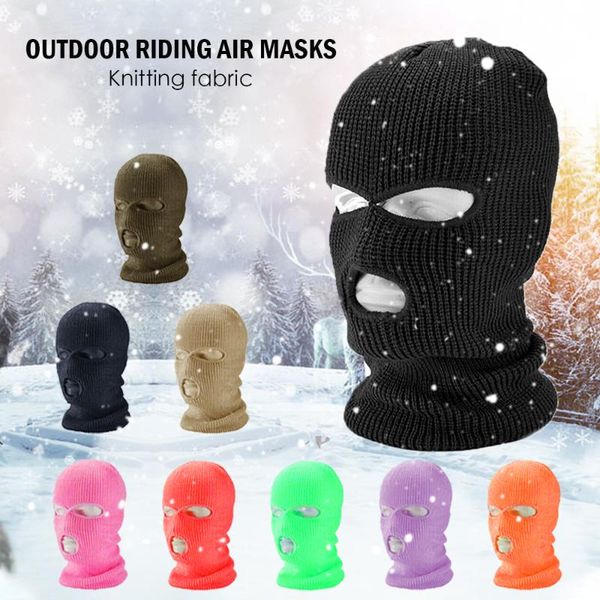 

women men 3-hole knitted full face cover ski winter warm cycling neon solid color balaclava mask hat halloween party cosplay cap caps & mask, Black