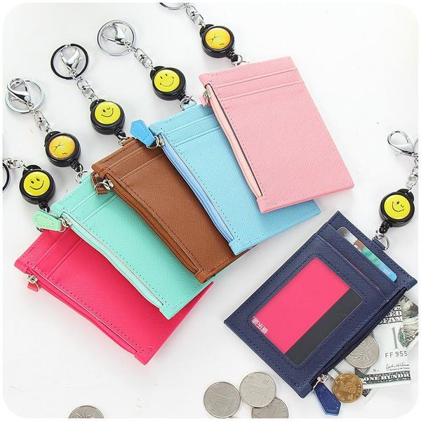 

card holders leather holder, 4 slots, retractable drawstring, multi-function id card, bus ic holder,coin purse keychain, Brown;gray