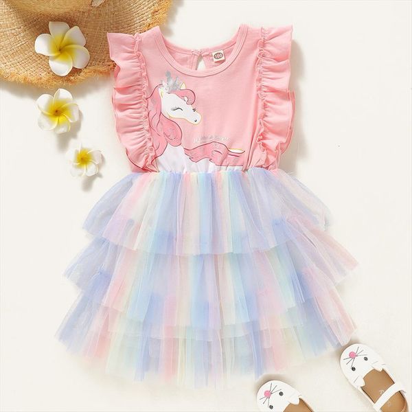

girls princess kids cartoon vestidos girl dress children summer for short sleeve unicorn, Red;yellow