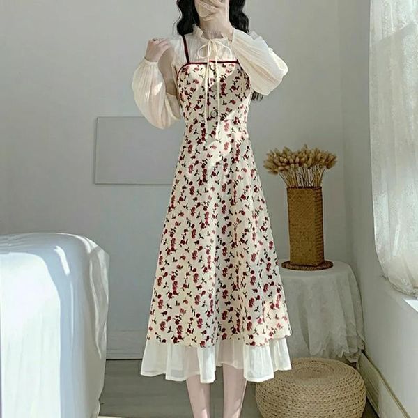 

casual dresses vintage slim waist printing floral dress women sweet ruffles fake two pieces autumn lace-up puff sleeve base, Black;gray