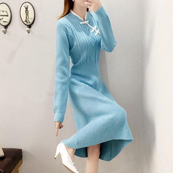 

party dresses fashion autumn and winter ladies knitted dress 2021 temperament waist improved cheongsam base, White;black
