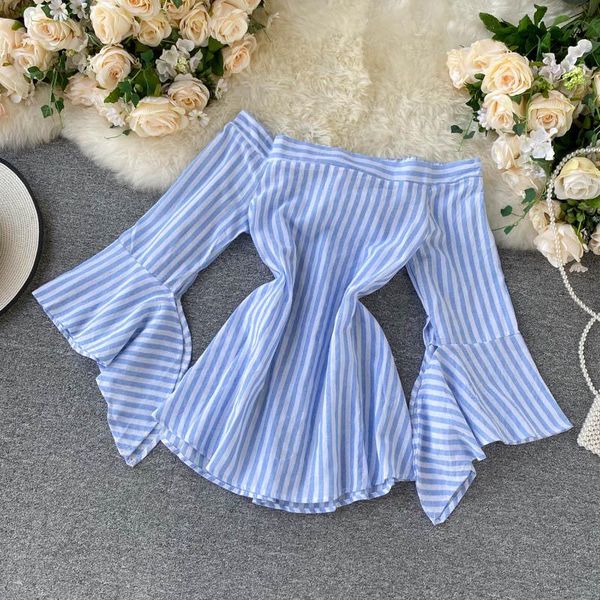 

women's blouses & shirts classic striped flare sleeve women blouse summer retro slash neck stripes shirt, White