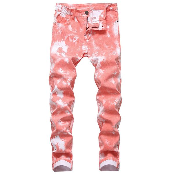 

men casual colorful printing skinny elastic jeans straight denim pants washed dqtr, Blue