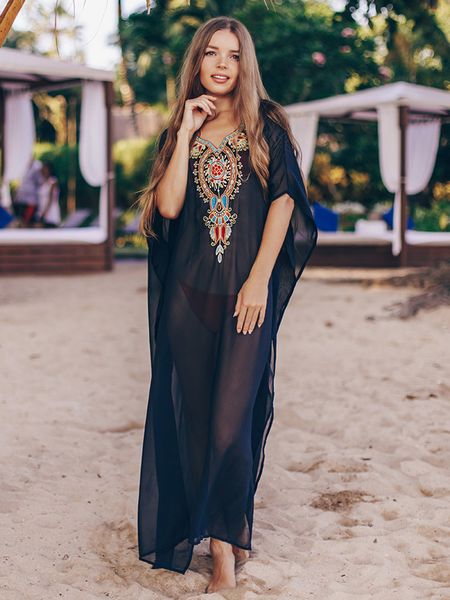 

women's swimwear embroidery holiday long batwing sleeve oversize robe transparent black cover-up beach wear kaftan 7vvf, White;black