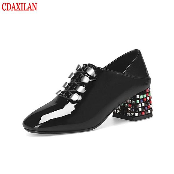 

dress shoes cdaxilan to womens pumps genuine cow patent leather mid-heel square toe cross strap casual ladies fit spring, Black