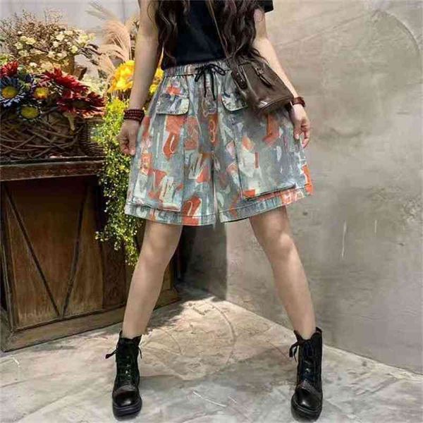 

arrival summer women loose casual elastic waist wide leg pants all-matched vintga print cotton denim knee length jeans w316 210512, Blue