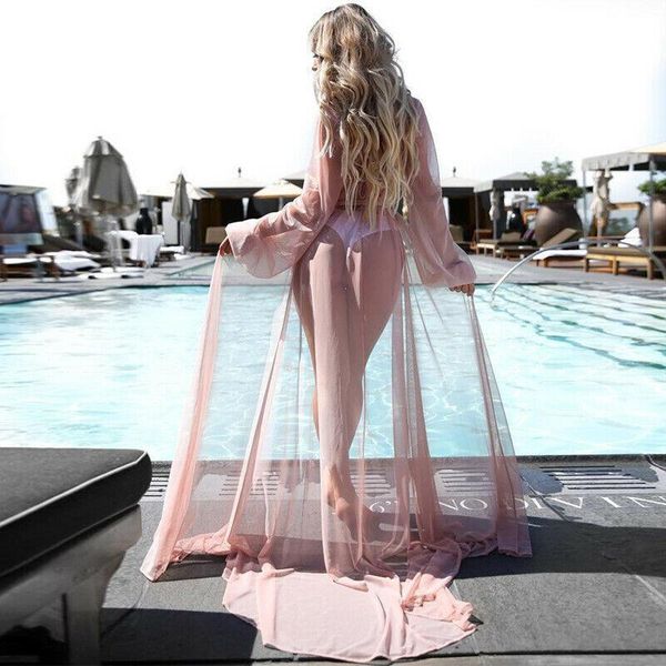 

damen womens blouses chiffon bikini cover up long boho badeanzug bademode strand maxikleid summer women mesh sarong, White