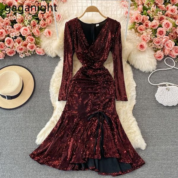 

casual dresses gaganight elegant women solid maxi party dress long sleeves v neck slim bling mermaid 2021 spring autumn vestidos, Black;gray