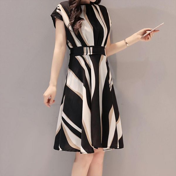 

fashion summer a line womens dress print business belt o neck short sleeve knee length dresses plus size harajuku p2, Black;gray