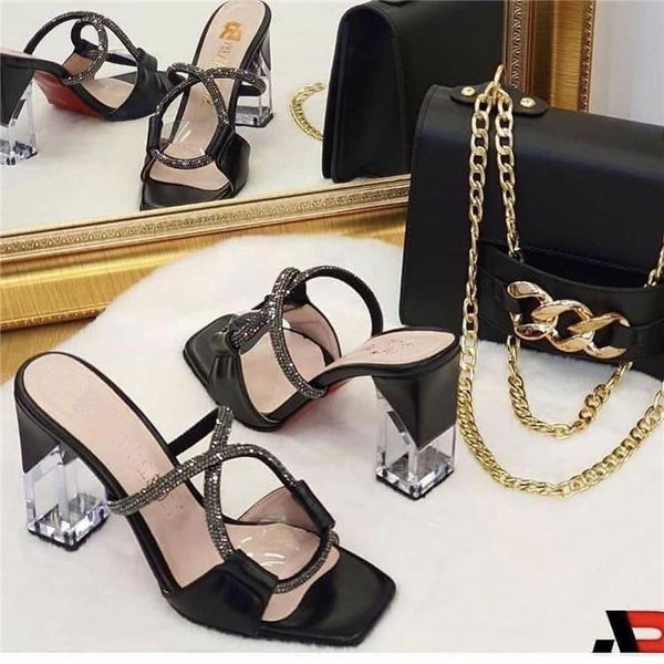 

dress shoes km-roya quality 2021 orange red summer pumps slippers lady crystal high heels slides sandal party women's pump mules, Black