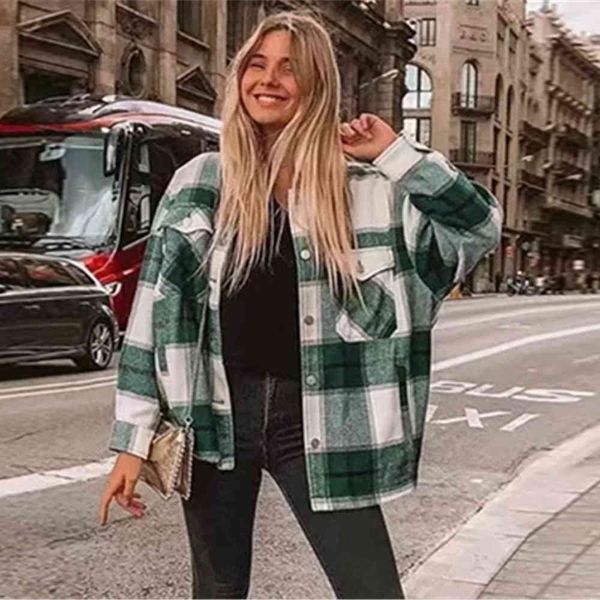 Cappotto da giacca scozzese verde invernale da donna Streetwear Cappotto lungo in lana spessa con maniche lunghe Tasca oversize con risvolto Camicie autunnali Cappotti 210422