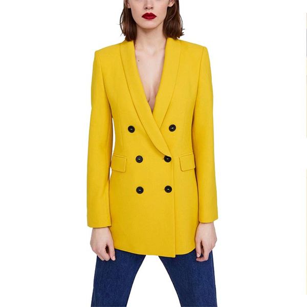 

women's suits & blazers yellow women double breasted lapel full sleeve casual jacket autumn spring elegant slim blazer coat female cx18, White;black