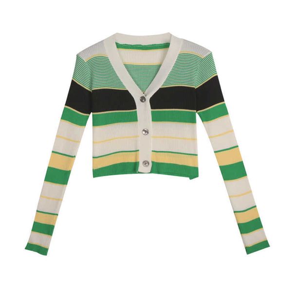 

perhaps u green red v neck knitted solid long sleeve women thin sweater cardigan tee autumn spring striped b0520 210529, White