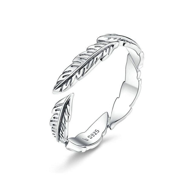 

cluster rings somen s925 sterling silver ring carved white feather open european and american fashion platinum-plated jewelry, Golden;silver