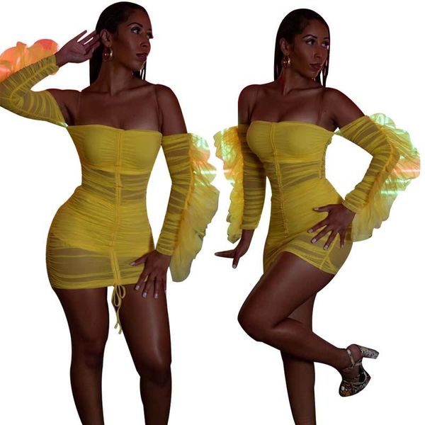 

casual dresses slim backless club dress women yellow ruffle sheer mesh long sleeve ruched 2021 summer elegant party short mini, Black;gray
