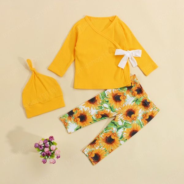 3-teiliger Baby-Kleidungsanzug mit V-Ausschnitt und langen Ärmeln, gebundenes Oberteil, Sonnenblumen-Druck, Hose, Hut, Anzug für Kleinkinder, Mädchen, Jungen, 0–18 Monate